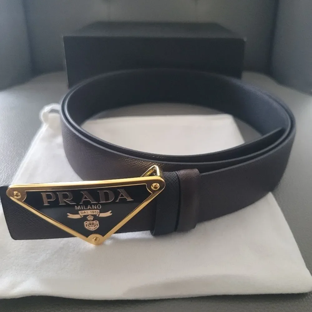 Prada Reversible Black/Brown Leather Belt with Gold Logo. Size 42
